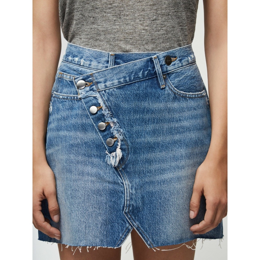 FRAME Ophelia Exposed Button Asymmetric Overlap Denim Mini Skirt 24 - Picture 4 of 13